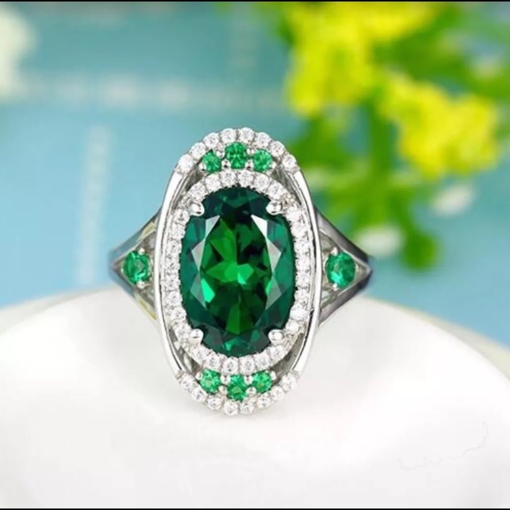 .925 Sterling Silver 5 Carat Russian Emerald Ring